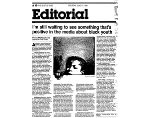 A newspaper page with a drawing of a Black child peeking over the edge of the image. The title of the article is I'm Still Waiting To See Something Positive in the Media About Black Youth